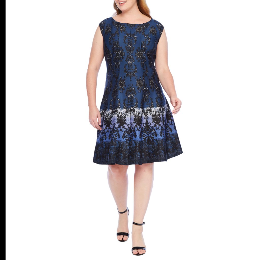 Nwt Danny & Nicole Blue & Black Lace Print Sleeveless Scuba Dress Size 24w